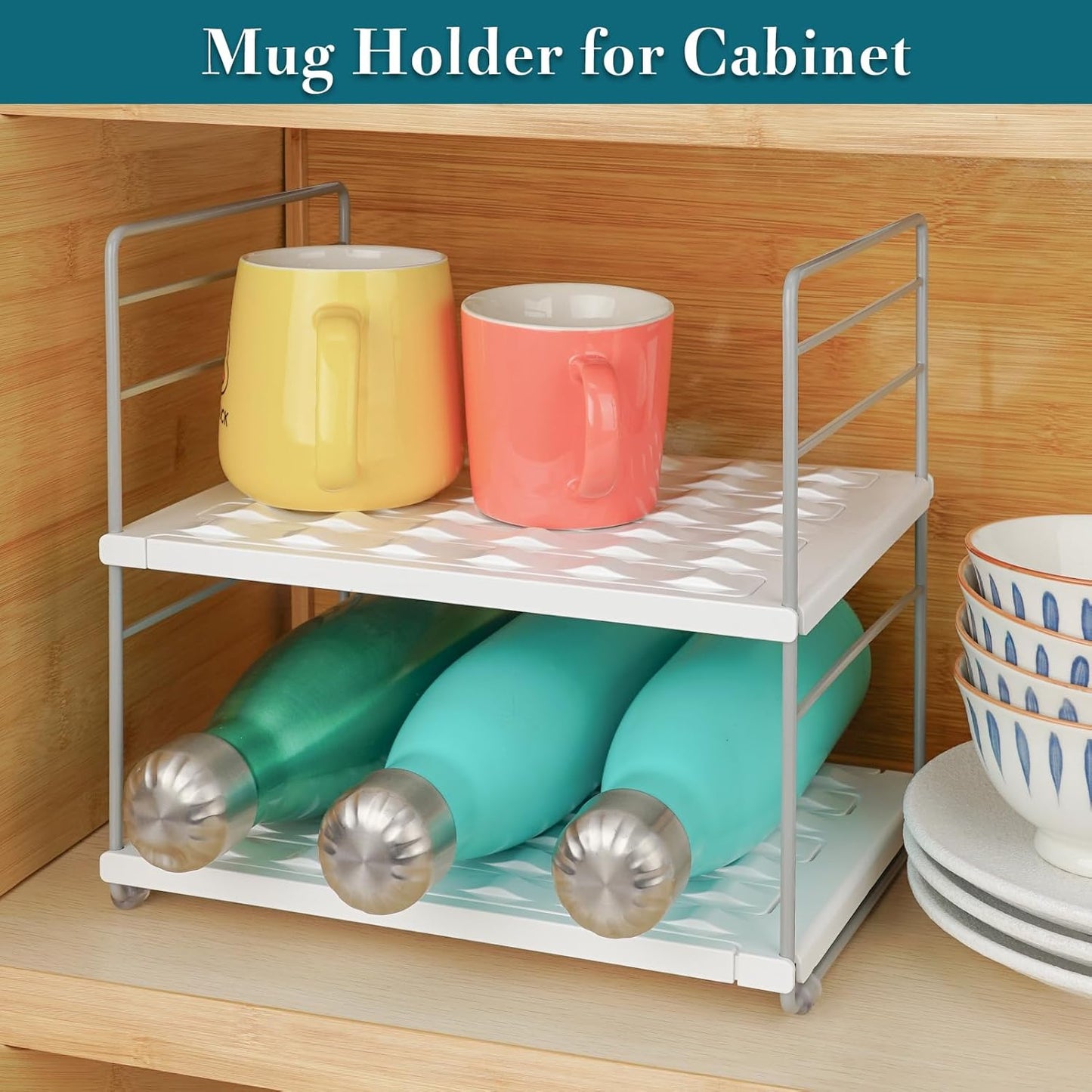 10.6-16.7" Adjustable Width Water Bottle Organizer for Cabinet, 3-Tier Expandable Water Bottle Holder Rack, Cup and Tumbler Storage for Kitchen Organization, Sports Flask, Insulated Travel Mug, Fridge