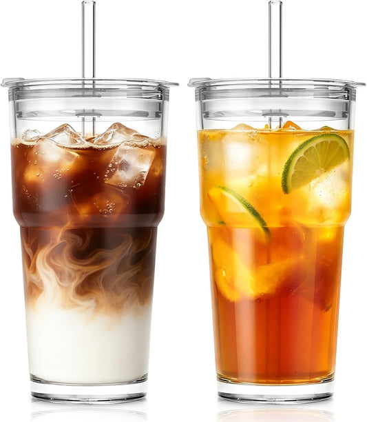 SoulTimes 20oz Glass Cups with Lids and Straws, Ribbed Glass Tumbler for Iced Coffee, Smoothie, Juice & Cold Drinks, Reusable Thick Glassware Set, Elegant Home & Travel Drinkware【2 Pack】