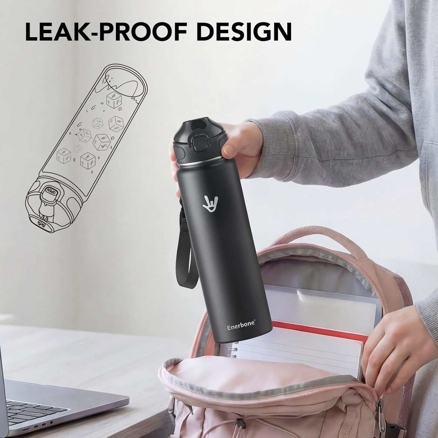 Enerbone 24 oz Insulated Water Bottle, Stainless Steel Bottle with Carrying Strap, Double-Wall Vacuum Insulation Design, Leakproof Sports Bottle with Straw, Keep Drinks Cold or Hot for Hours
