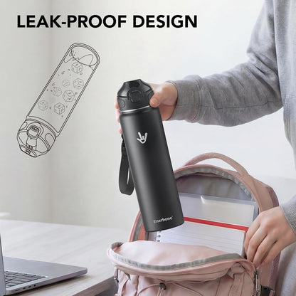 Enerbone 24 oz Insulated Water Bottle, Stainless Steel Bottle with Carrying Strap, Double-Wall Vacuum Insulation Design, Leakproof Sports Bottle with Straw, Keep Drinks Cold or Hot for Hours