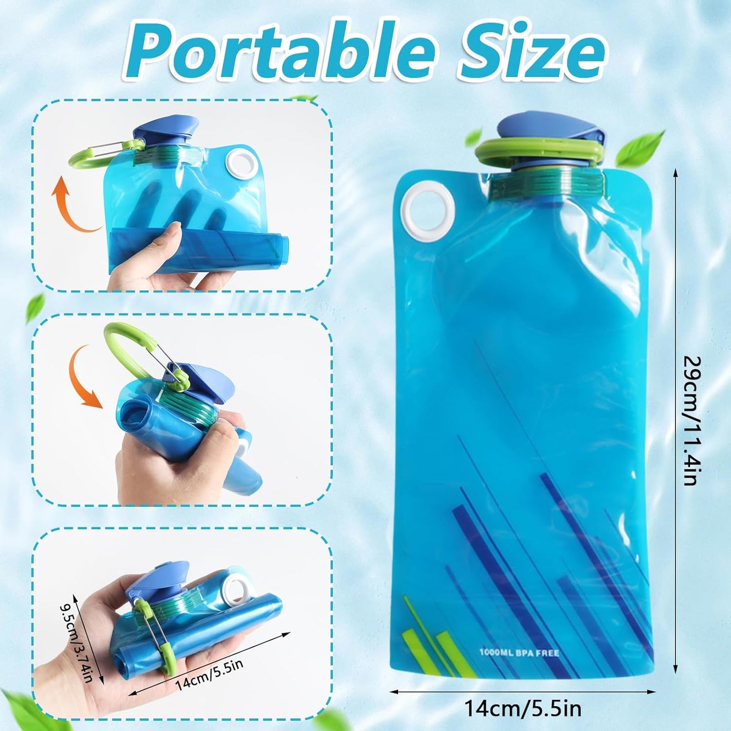 4 Pack Collapsible Water Bottle With Carabiner, 34 Ounce Foldable Water Bag with Leakproof Lid, Food-Grade Silicone Portable Water Bottle for Hiking, Sports, Camping, Biking, Traveling, BPA-Free