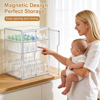 ERTIUANIO Baby Bottle Organizer – 3 Tier Bottle Storage Organizer Baby for Nipples, Pump Parts, Food Jars – Clear Acrylic Bottle Station Organizer for Countertop and Kitchen, Gifts for New Mom