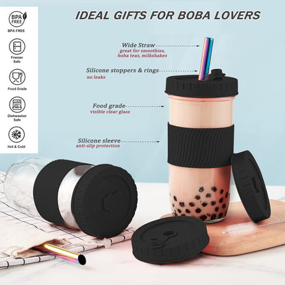 Amyoole 2 Pack Reusable Boba Cup, 24Oz Wide Mouth Smoothie Cup,mason Jar Glass Cups with Lids and Straws,Bubble/Boba Tea Cups,Ice Coffee Tumbler 2 colored straws 1 sponge brush(Pink)