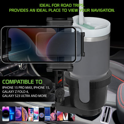 Cellet Cup Holder Tray for Car with Phone Mount – Expandable Base, 360° Rotation Food & Drink Tray with Non-Slip Surface, Adjustable Arm for Eating in Vehicle – Fits Most Standard Car Cup Holders
