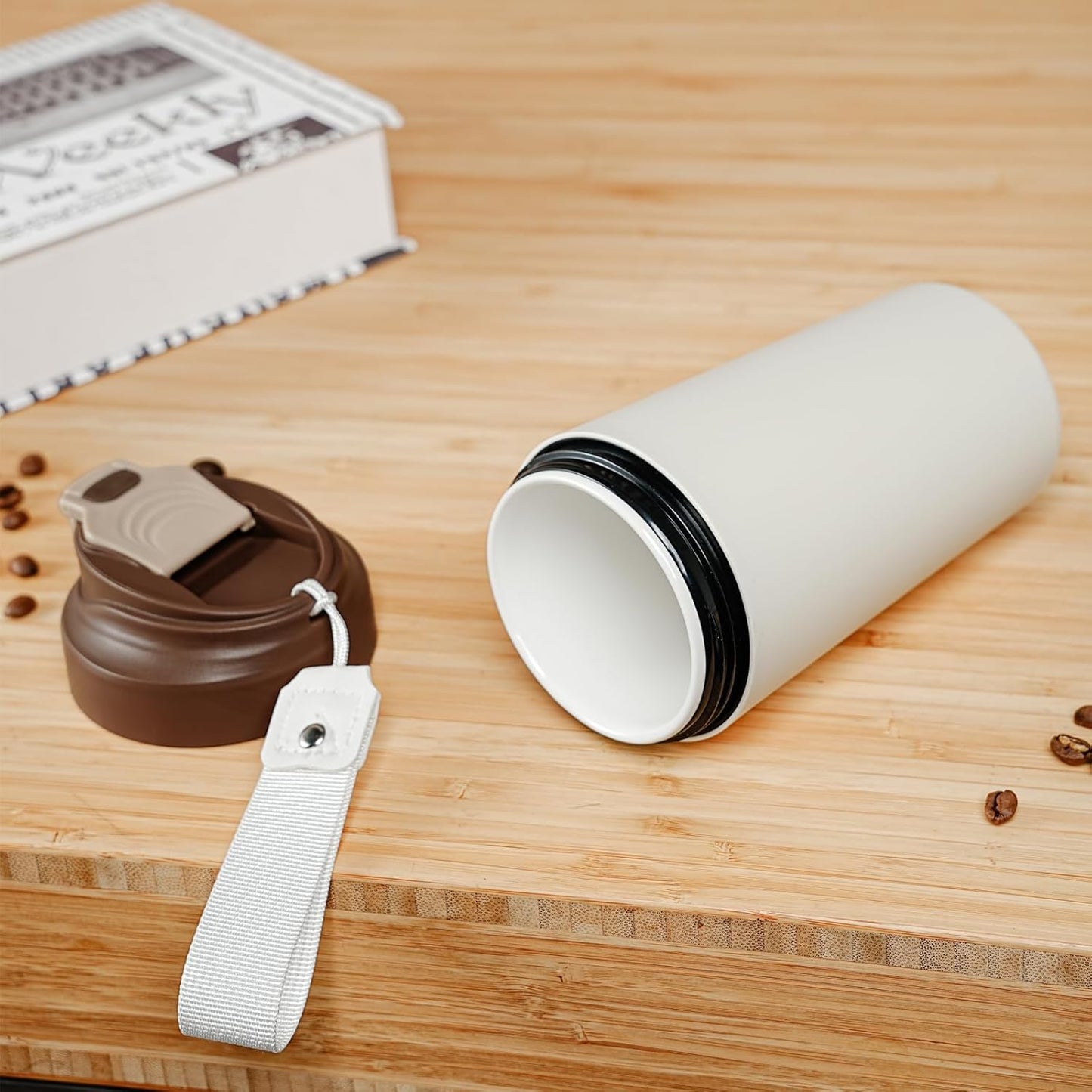 16oz Ceramic Travel Mug with Lid- 100% Real Ceramic Liner (No Coating), Heat-Resistant Outer Wall, Leak-Proof Lid with Detachable Strap, Fits Car Cup Holder