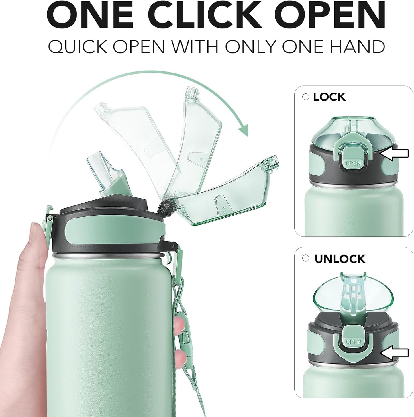 Enerbone 24 oz Insulated Water Bottle, Stainless Steel Bottle with Carrying Strap, Double-Wall Vacuum Insulation Design, Leakproof Sports Bottle with Straw, Keep Drinks Cold or Hot for Hours