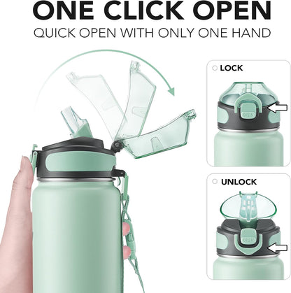 Enerbone 24 oz Insulated Water Bottle, Stainless Steel Bottle with Carrying Strap, Double-Wall Vacuum Insulation Design, Leakproof Sports Bottle with Straw, Keep Drinks Cold or Hot for Hours