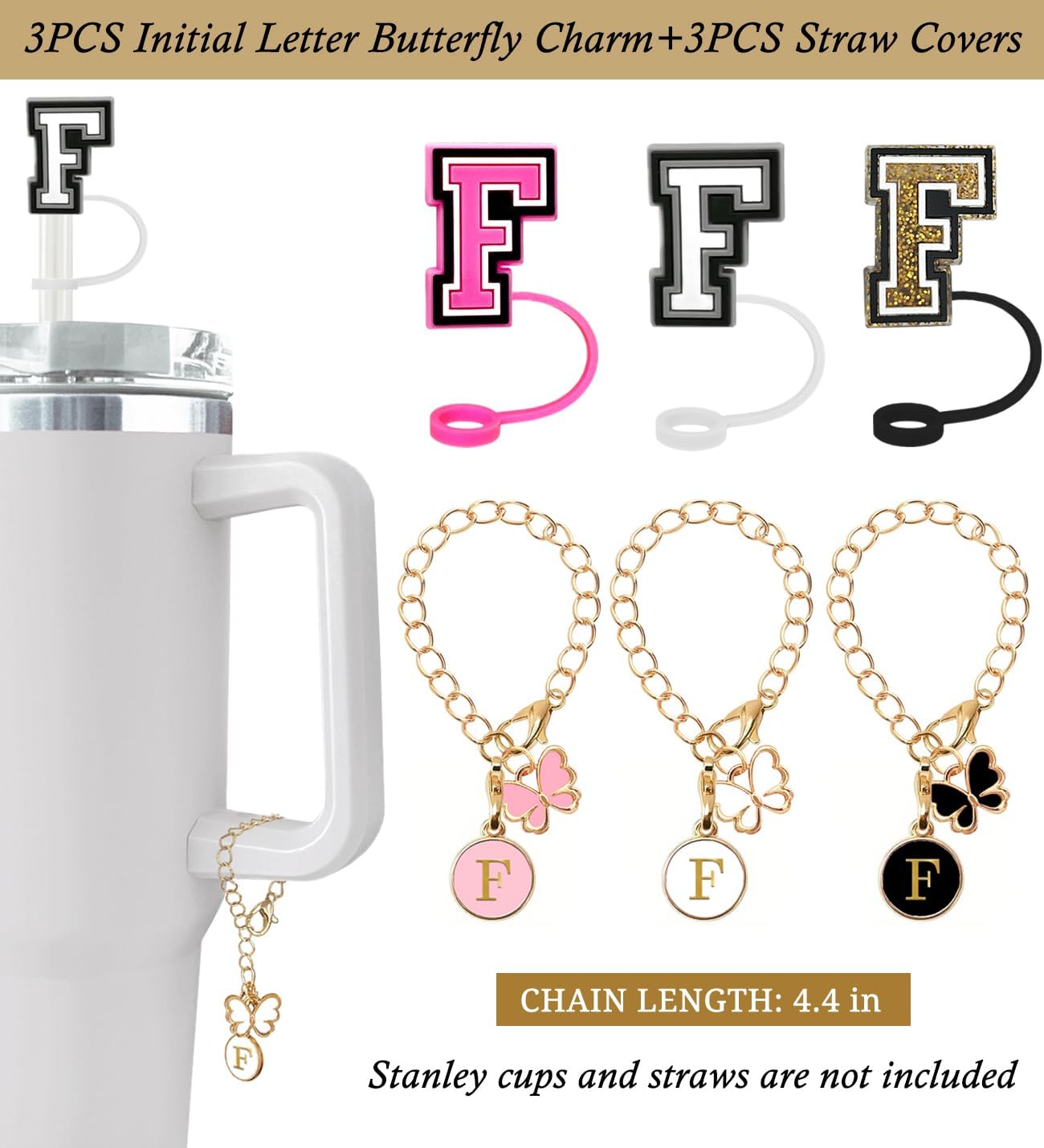 （3 +3) 3PCS Nuozme Straw Cover 10mm For Stanley Tumbler Cup Reusable Straw Cap Topper with 3 Initial Letter Charms Accessories Name ID Personalized Handle Charm For Stanley 30&40 Oz Cup Tumbler - Colors B