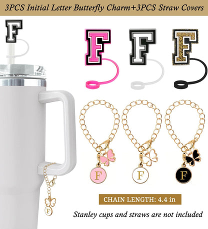 （3 +3) 3PCS Nuozme Straw Cover 10mm For Stanley Tumbler Cup Reusable Straw Cap Topper with 3 Initial Letter Charms Accessories Name ID Personalized Handle Charm For Stanley 30&40 Oz Cup Tumbler - Colors B