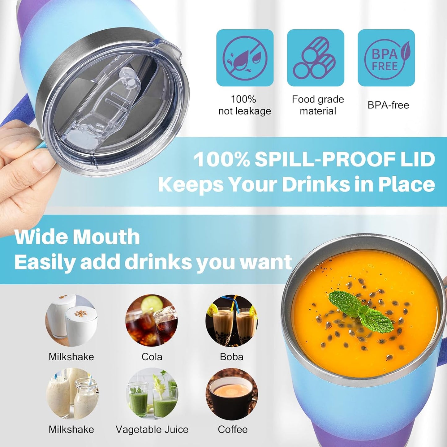 40 oz Tumbler with Handle, Insulated Tumbler with Lid and Straw, Reusable Stainless Steel Vacuum Insulated Cup, 100% Leak Proof Thermal Travel Coffee Mug Cup for Cold and Hot (Light Purple)