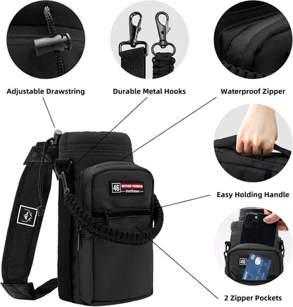 NATURE PIONEOR Water Bottle Holder with Adjustable Strap - 26/32/36/40/46/64oz Insulated Water Bottle Sling Carrier with Paracord Handle & 2 Pockets, Outdoor Sports, Hiking, Camping, Gym