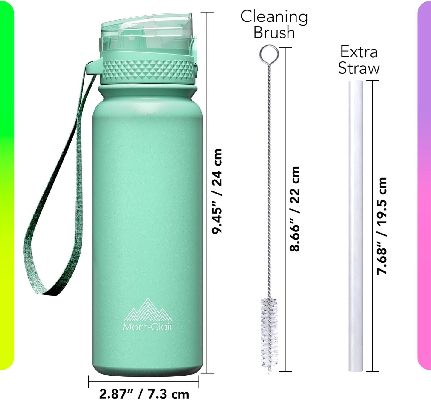 Mont-Clair Sport Water Bottle - 20oz Insulated Water Bottle with Straw - Patented Lid, BPA FREE, For Sports, Gym, Cycling, Bike - Quick Hydration - Black