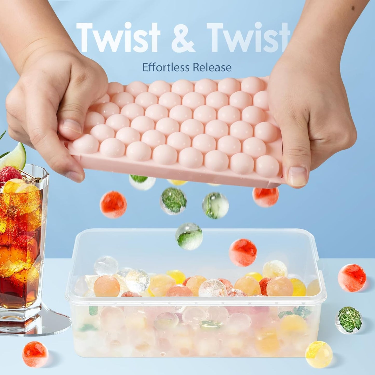 WIBIMEN Ice Cube Tray with Lid and Bin - Round Ice Trays for Freezer with Lid - Ice Cube Trays for Freezer with Ice Container (1"-2PACK Blue)
