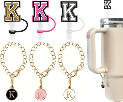 （3 +3) 3PCS Nuozme Straw Cover 10mm For Stanley Tumbler Cup Reusable Straw Cap Topper with 3 Initial Letter Charms Accessories Name ID Personalized Handle Charm For Stanley 30&40 Oz Cup Tumbler - Colors A