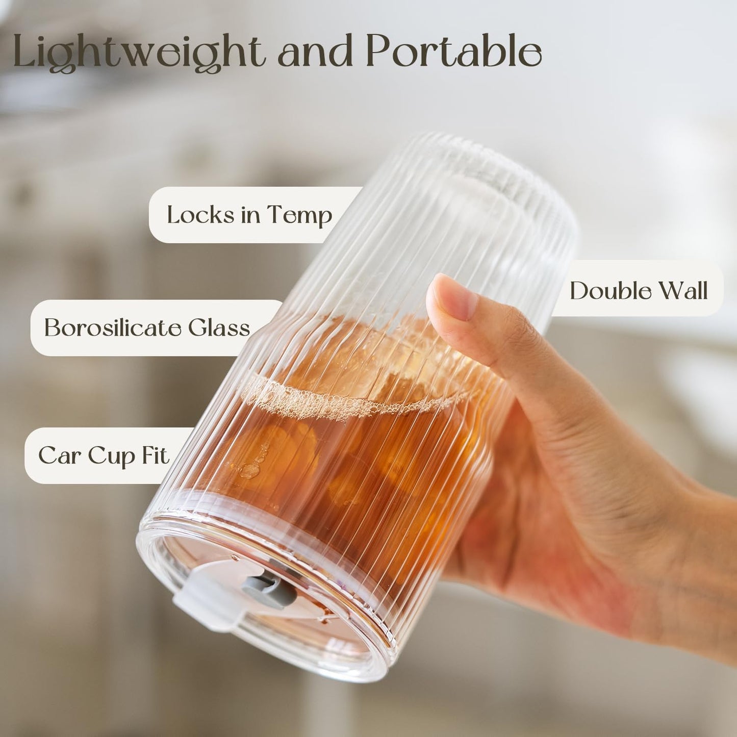 KEMORELA 16oz Ribbed Glass tumbler with Lids and Straws 2pcs,Double Wall Iced Coffee Cups with Lids,Coffee Bar Accessories, Insulated Borosilicate Glass Tumblers, To Go Coffee Cups, Spill proof