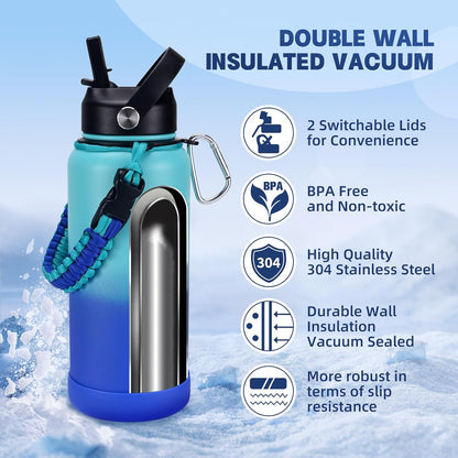 Insulated Water Bottle, 32 oz Stainless Steel Wide Mouth Water Bottles with 2 Leak Proof Lid and Paracord Handle, Double Wall Vacuum Insulated Sports Water Bottle, Purple Black