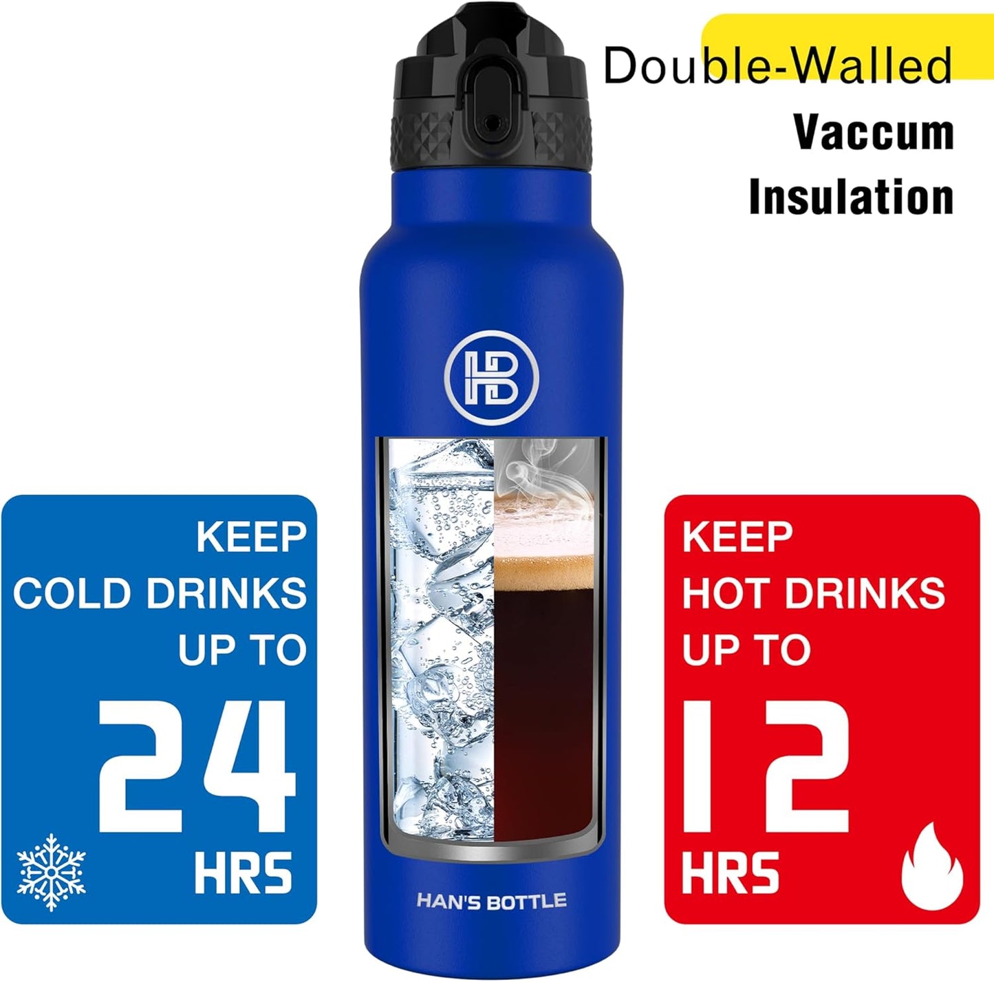 Han's Bottle Sports Water Bottle - 24 Oz, Straw Lid, Leak Proof, Vacuum Insulated Stainless Steel, Double Walled, Thermo Mug,Black