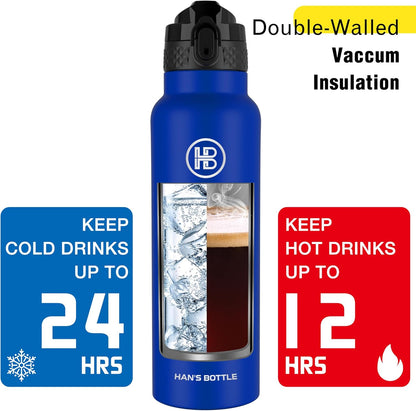 Han's Bottle Sports Water Bottle - 24 Oz, Straw Lid, Leak Proof, Vacuum Insulated Stainless Steel, Double Walled, Thermo Mug,Black