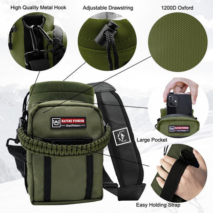 NATURE PIONEOR Water Bottle Holder with Adjustable Strap - 26/32/36/40/46/64oz Insulated Water Bottle Sling Carrier with Paracord Handle & 2 Pockets, Outdoor Sports, Hiking, Camping, Gym