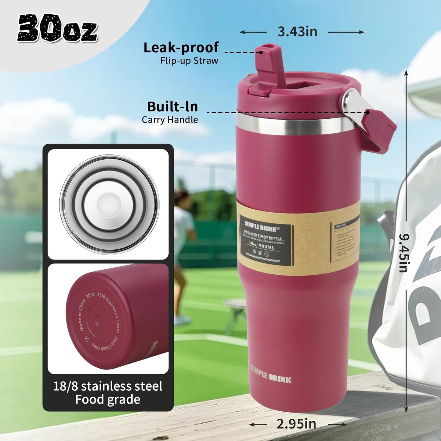 30oz Flip Straw Insulated Water Bottle with Handle, Leak Proof Stainless Steel Travel Tumbler With Lid, Double Wall Vacuum Iced Coffee Travel Mug, Sport Cup, Outside use
