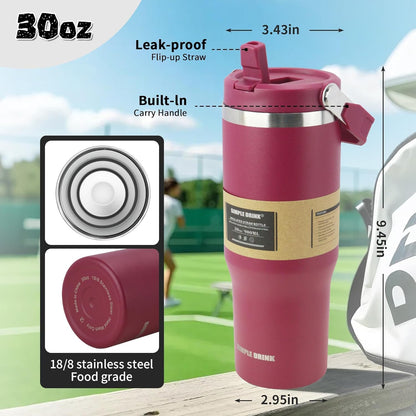 30oz Flip Straw Insulated Water Bottle with Handle, Leak Proof Stainless Steel Travel Tumbler With Lid, Double Wall Vacuum Iced Coffee Travel Mug, Sport Cup, Outside use