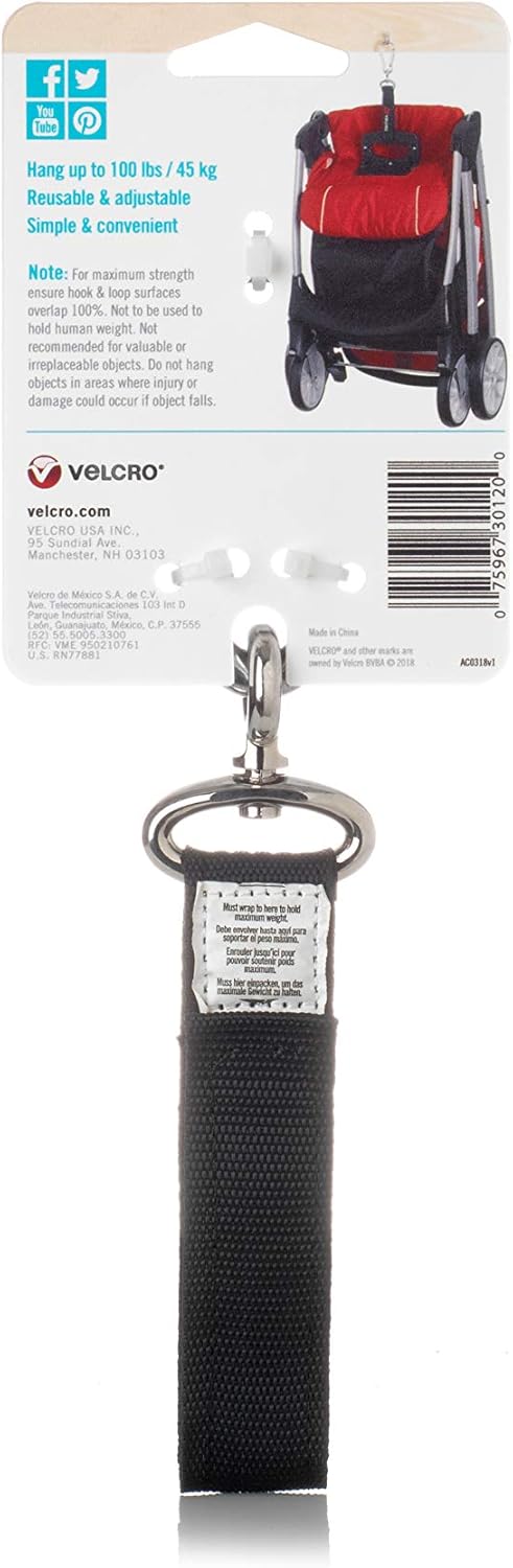 VELCRO Brand VEL-30196-USA Easy Hang Strap with Carabiner Clip Attach Water Bottles and Accessories to Bikes, Bags and more. Organization for Garden, Shed, RV. Extra Small-1Pk, Black