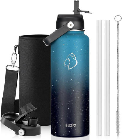 BUZIO 40oz Insulated Water Bottle, Triple Wall Vacuum Stainless Steel Water Flask with 2 lids, Lead-Free BPA-Free Straw Lid Sports Canteen Jug, Cold 48H & Hot 24H- Black - Colors A