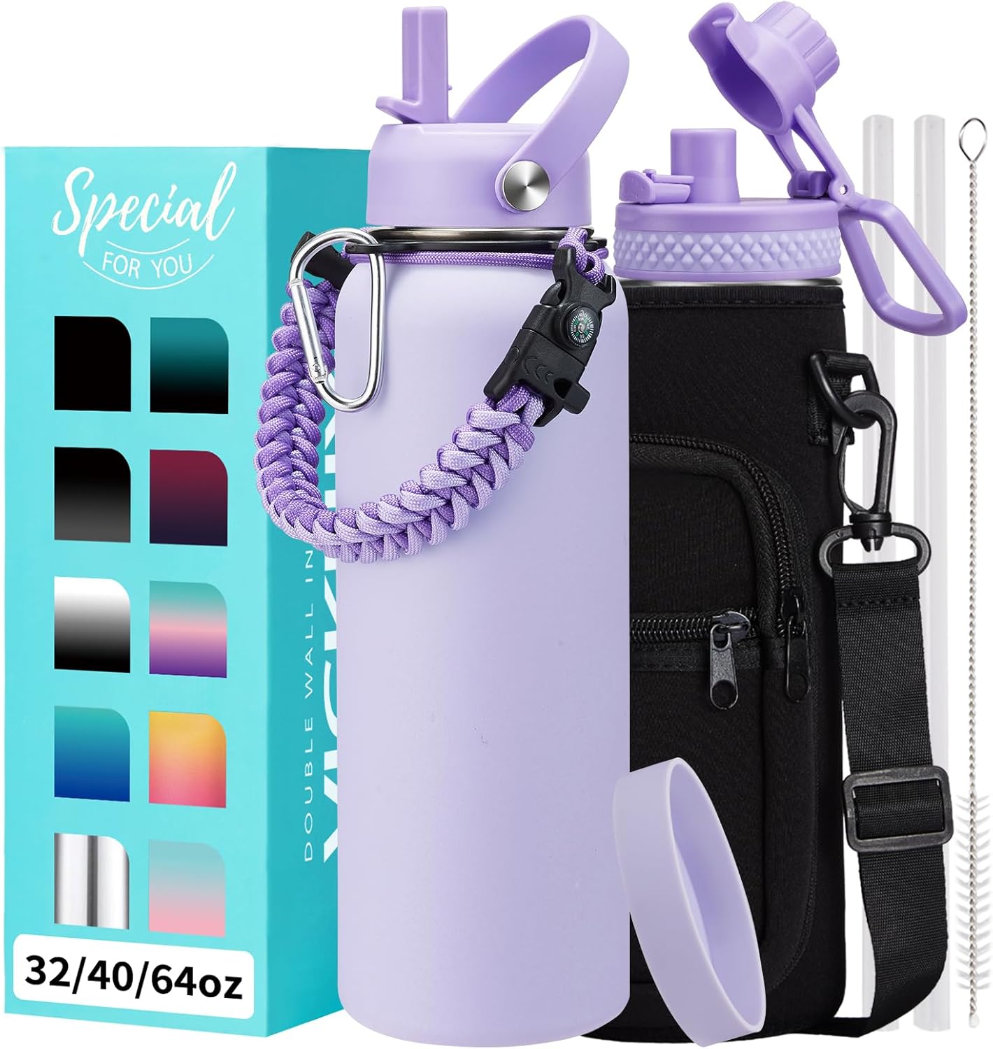 32/40/64OZ Insulated Water Bottle - Keep Cold 48H Hot 24H, Combo Straw/Spout Lids, Paracord Handle for Gym/Hiking, Carrier Bag +Strap, Cup Mat, BPA-Free Stainless Steel Flask Jug
