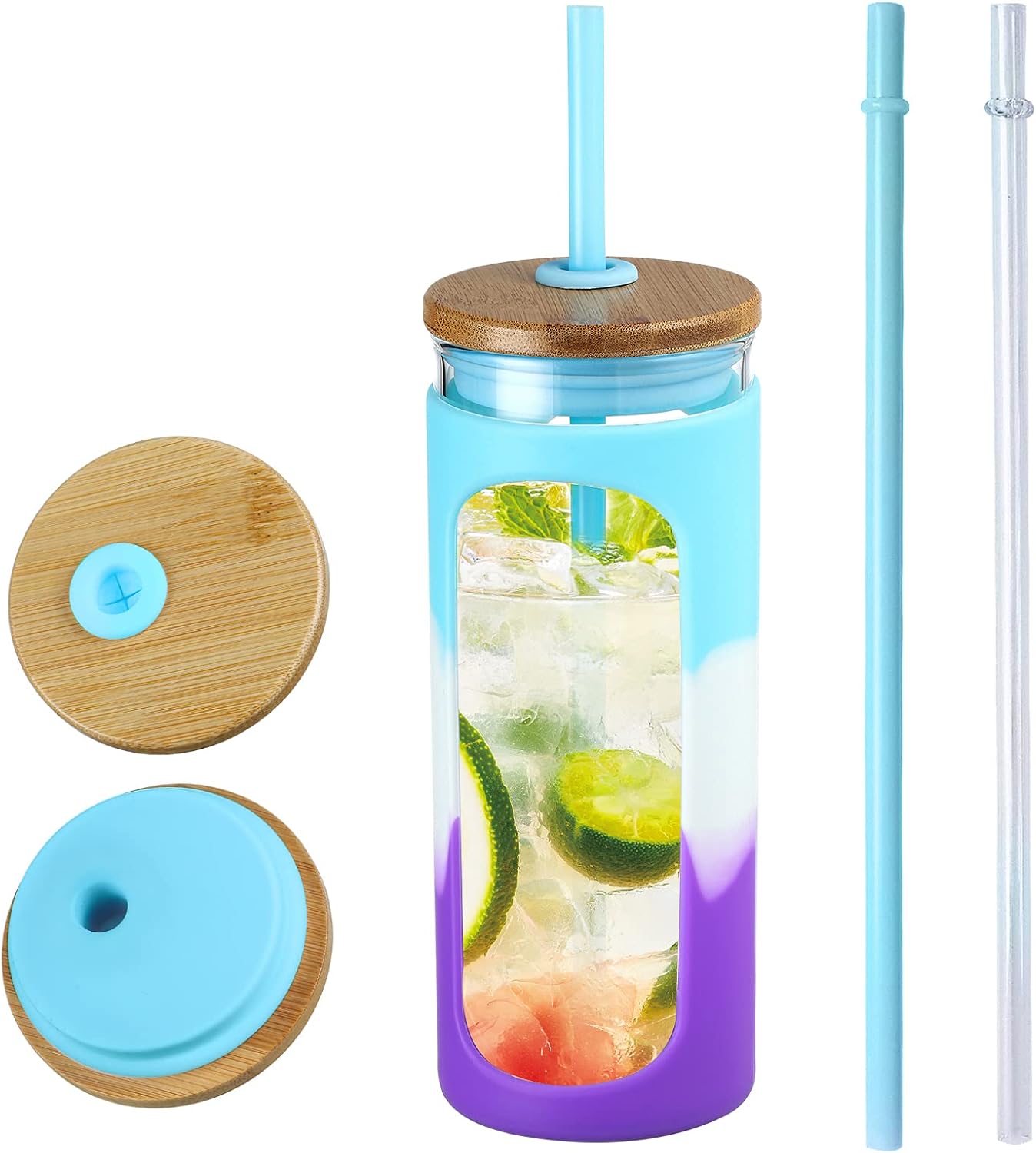 Kodrine 20oz Glass Water Tumbler with Straw and Lid, Bamboo Lids Water Bottle, Iced Coffee Cup Reusable, Wide Mouth Smoothie Cups with Protective Silicone Sleeve BPA FREE-Black - Colors A