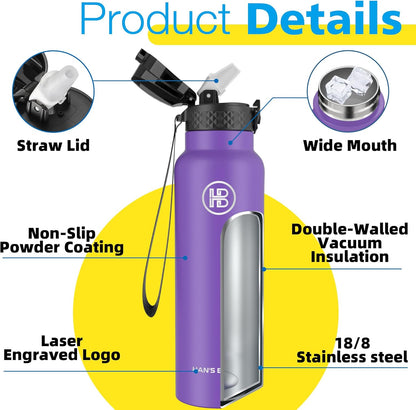 Han's Bottle Sports Water Bottle - 24 Oz, Straw Lid, Leak Proof, Vacuum Insulated Stainless Steel, Double Walled, Thermo Mug,Black