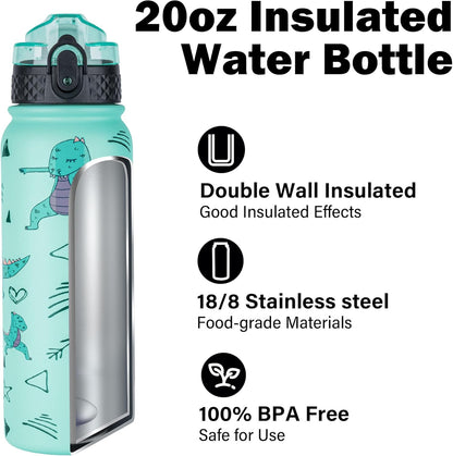 Oldley Insulated Water Bottle 20oz for Adults Kids Stainless Steel Water Bottles with Straw/Chug/Carabiner 3 Lids Fruit Strainer Double Wall Vacuum Wide Mouth BPA Free Leak-Proof for School Travel