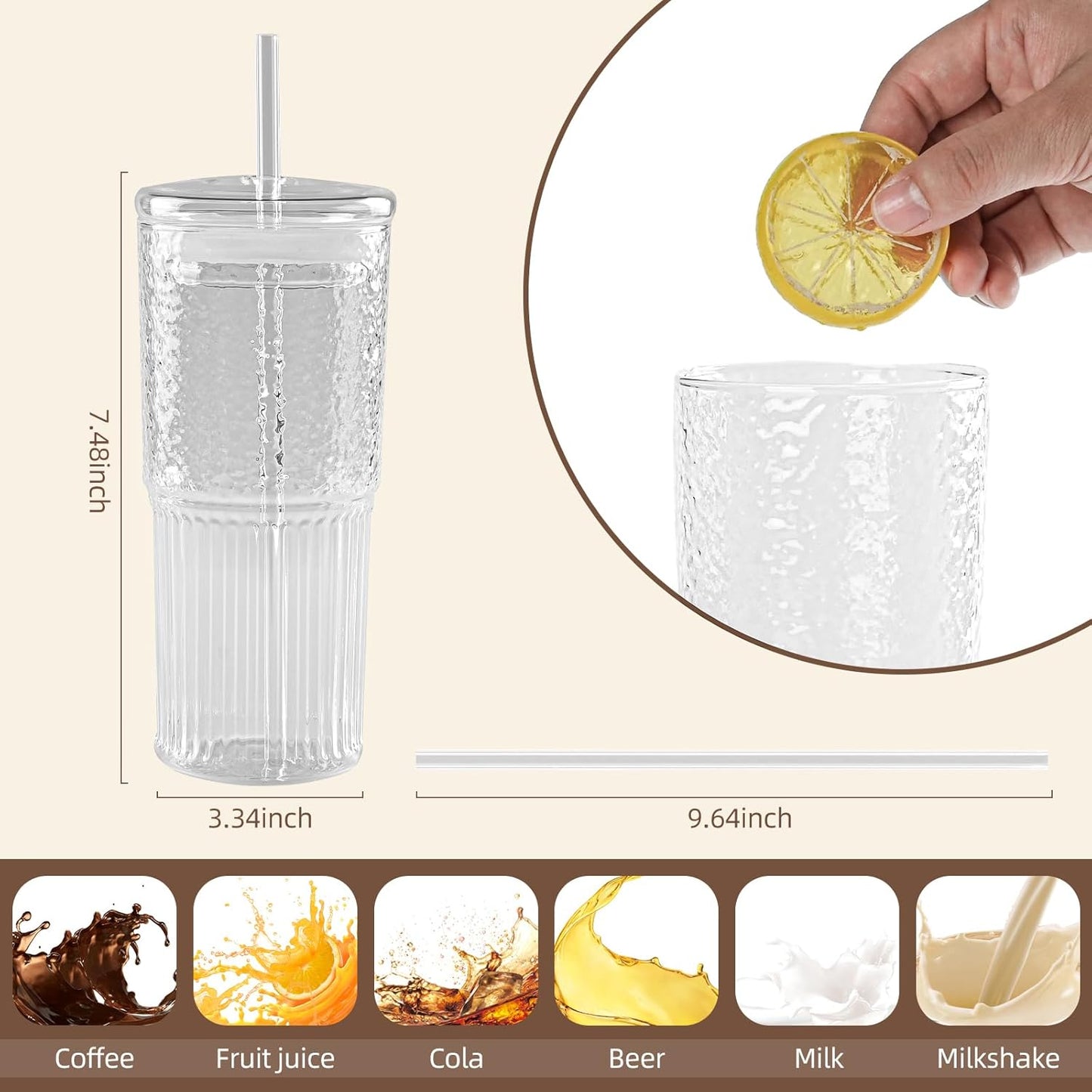 20 OZ Iced Coffee Cup With Glass Lids and Straws,High Borosilicate Glass Tumbler Cup Reusable Wide Mouth Smoothie Cups(Clear,1cup)…