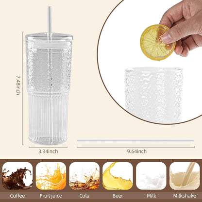 20 OZ Iced Coffee Cup With Glass Lids and Straws,High Borosilicate Glass Tumbler Cup Reusable Wide Mouth Smoothie Cups(Clear,1cup)…