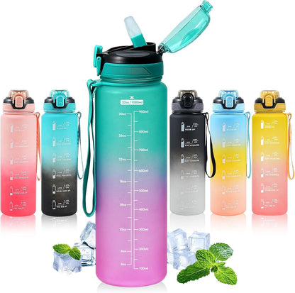 Water Bottle with Straw 1L,Boys Water Bottles with Straw 1 Litre,Waterbottle Leak-Proof Sports Water Bottle,Plastic Drinks Bottles Toxin Free，Bpa-Free (Cyan Black)