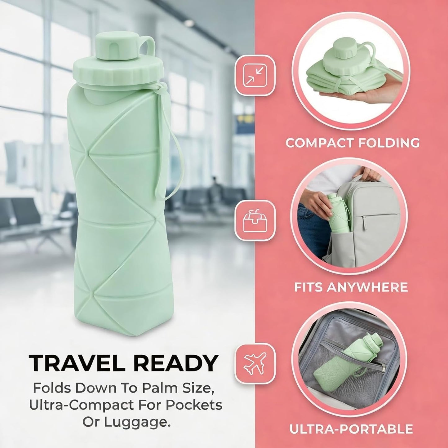 Collapsible Water Bottle 20oz (600ml), BPA-Free Silicone Foldable Portable Lightweight Reusable Water Bottle with Leak-Proof Lid & Lanyard for Outdoor Travel Cycling Gym & Camping (Green)