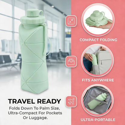 Collapsible Water Bottle 20oz (600ml), BPA-Free Silicone Foldable Portable Lightweight Reusable Water Bottle with Leak-Proof Lid & Lanyard for Outdoor Travel Cycling Gym & Camping (Green)