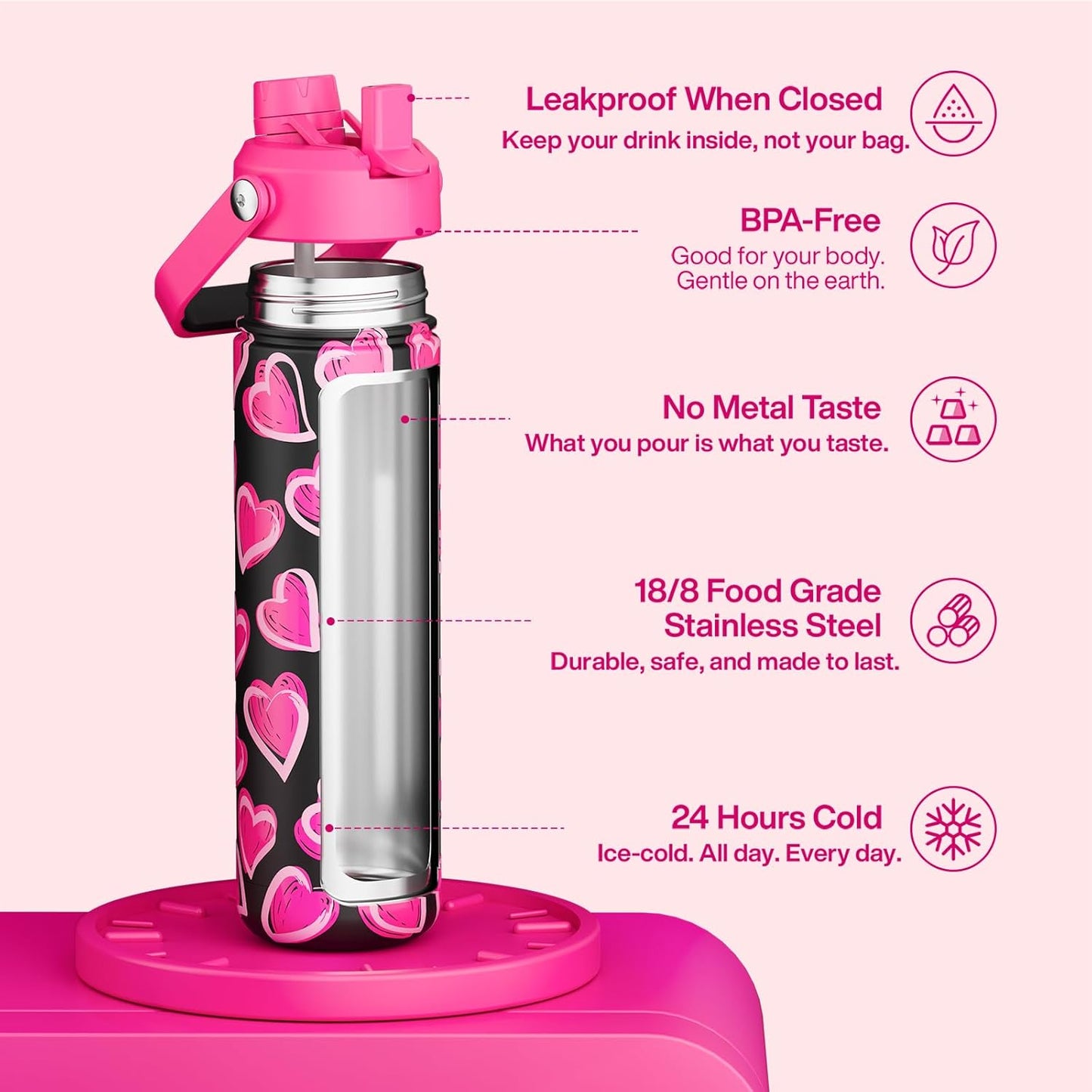 ENCOOL Insulated Water Bottle with Straw Stainless Steel Water Bottle, Leak-Proof, BPA-Free, Double Wall Vacuum Keeps Cold for 24 Hours for Sports, Travel, School (26 oz, Cotton Candy) - Colors B