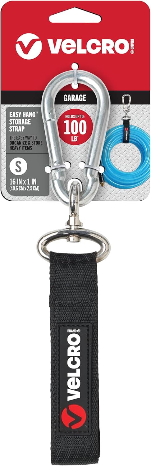 VELCRO Brand VEL-30196-USA Easy Hang Strap with Carabiner Clip Attach Water Bottles and Accessories to Bikes, Bags and more. Organization for Garden, Shed, RV. Extra Small-1Pk, Black