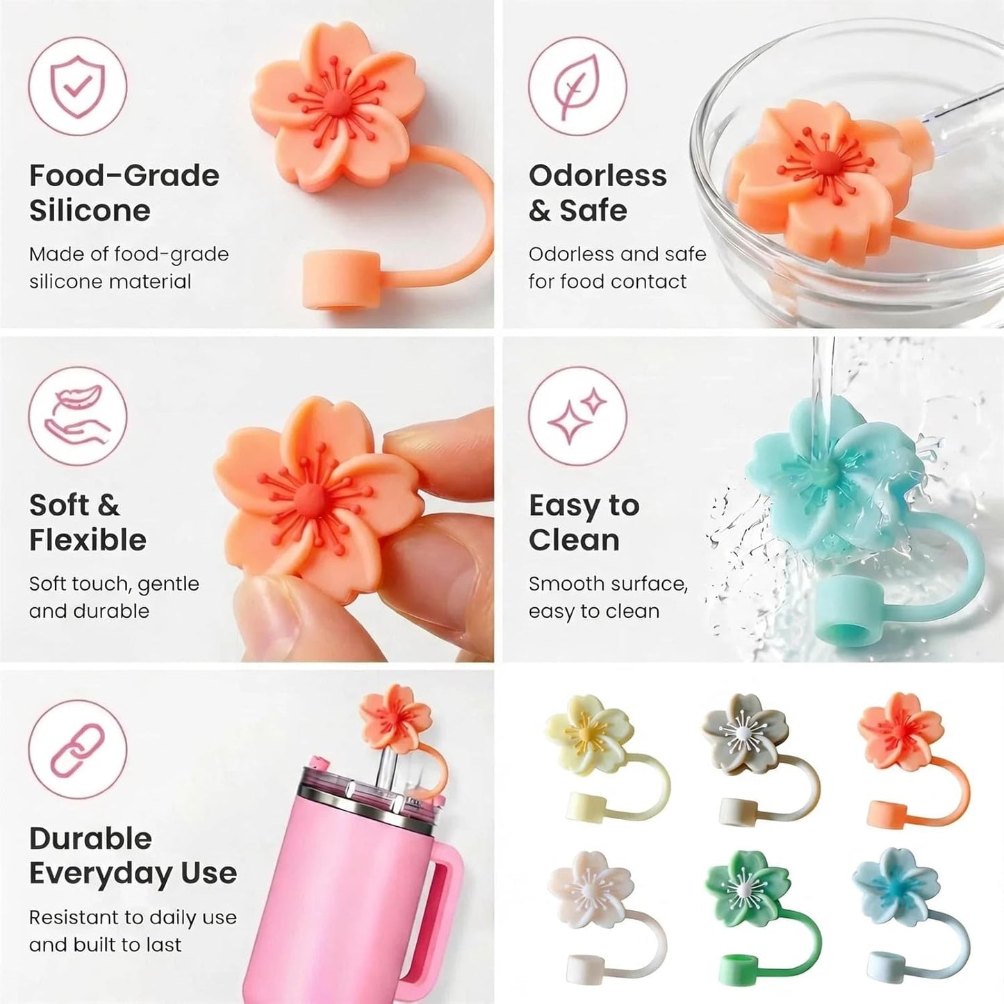 BTYHAOS Silicone Straw Caps for 10mm Tumblers | Reusable Dust-Proof Straw Toppers Compatible with Stanley 30oz & 40oz Tumblers (Purple Flower 3pc)