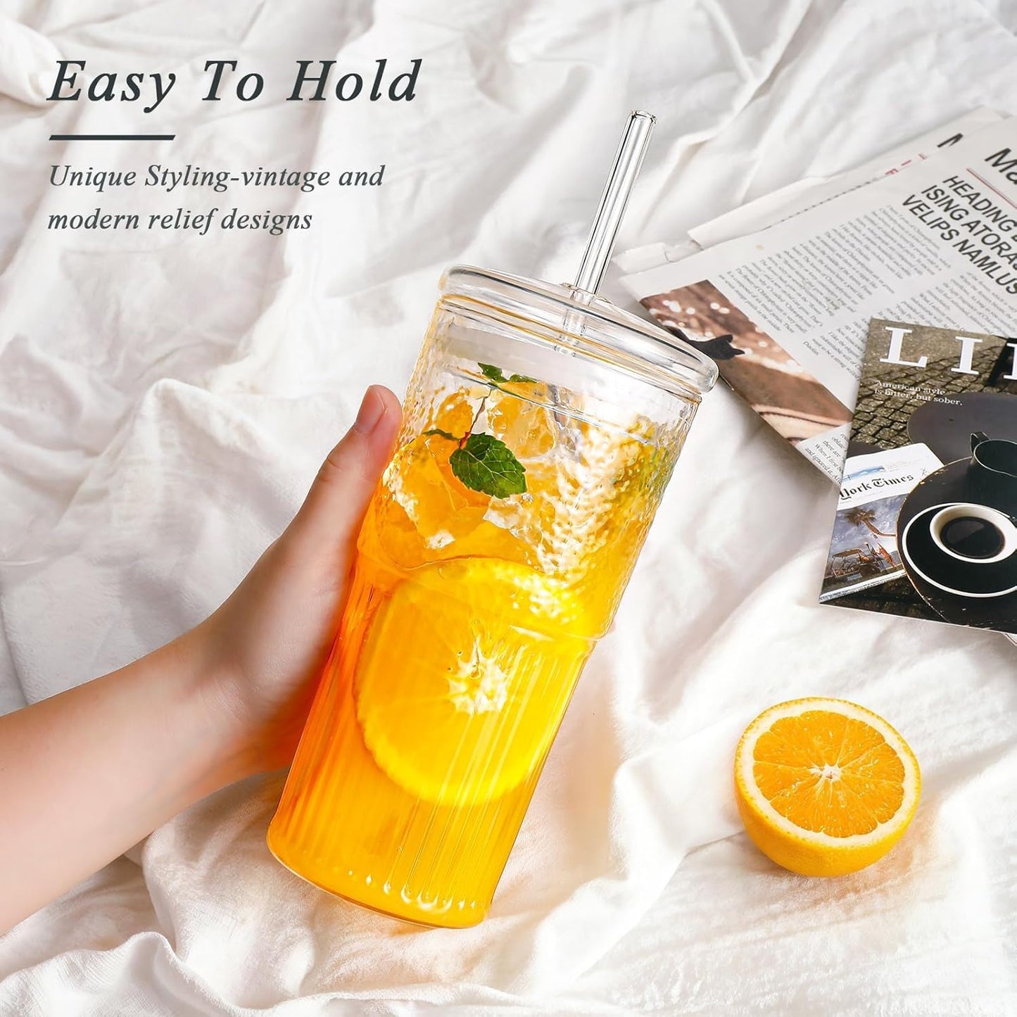 Iced Coffee Cups with Lids: Coffee Bar Accessories - Ribbed Glass Tumbler with Straw and Lid 4Pcs - 20oz Leak Proof Tumbler - Reusable Glass Cups and Tumblers with Lid and Straws for To Go Iced Coffee