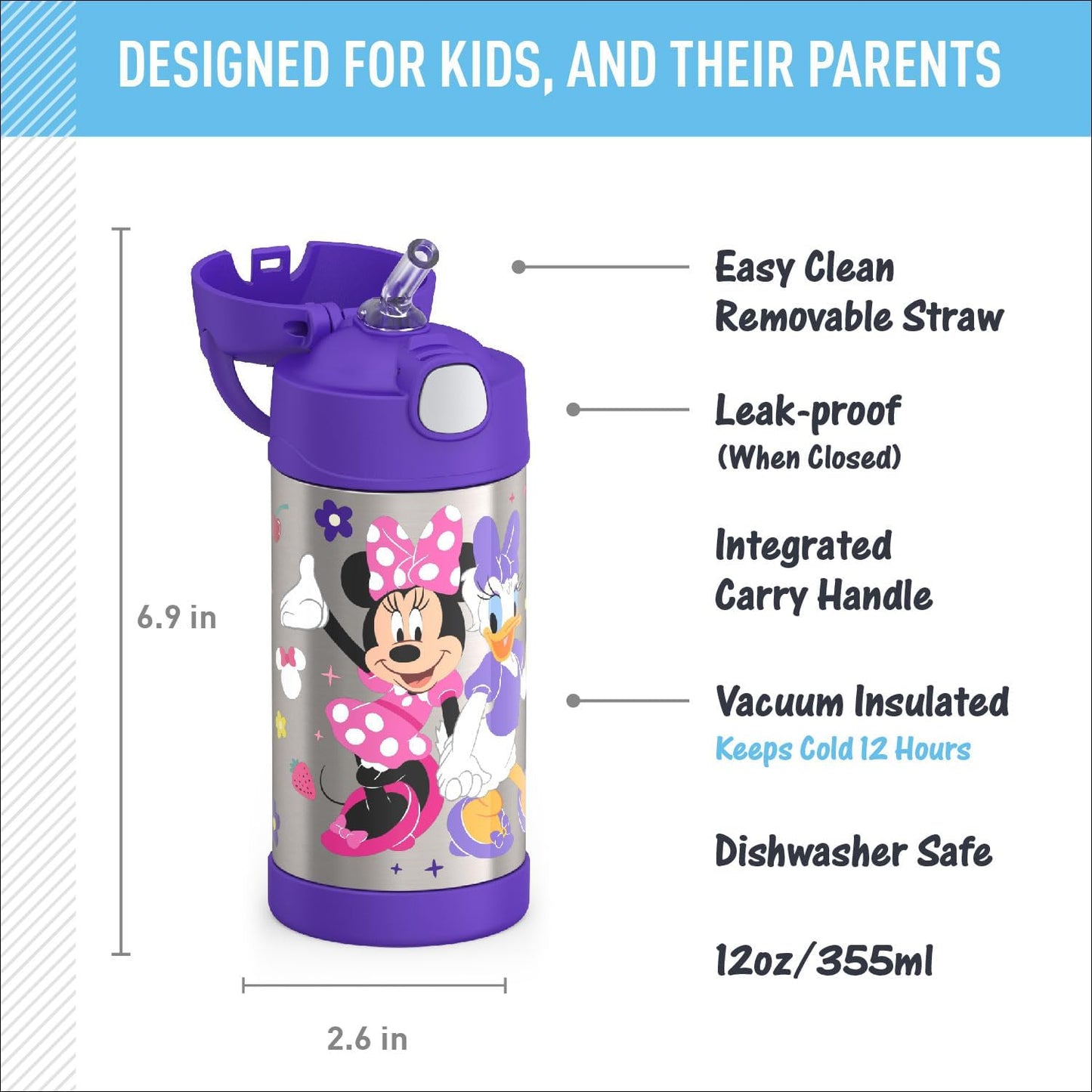 THERMOS FUNTAINER Water Bottle with Straw - 12 Ounce - Kids Stainless Steel Vacuum Insulated Water Bottle with Lid, Bluey - Colors B