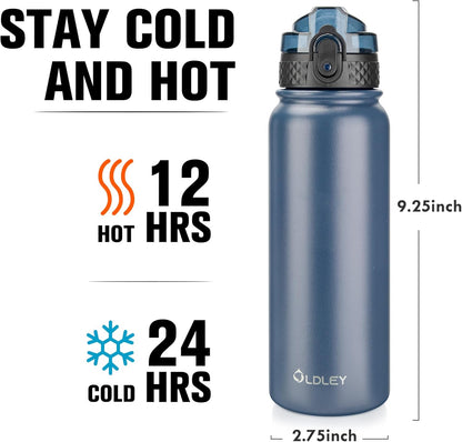 Oldley Insulated Water Bottle 20oz for Adults Kids Stainless Steel Water Bottles with Straw/Chug/Carabiner 3 Lids Fruit Strainer Double Wall Vacuum Wide Mouth BPA Free Leak-Proof for School Travel