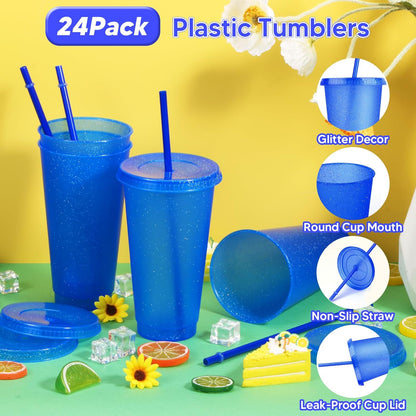 24 Pack Plastic Tumblers with Lids and Straw, Reusable Cups with Lids and Straws Colorful Cups for Cold Drink Iced Coffee, Plastic Tumbler Bulk for Party Birthday Gifts (24 oz, Stylish Colors)