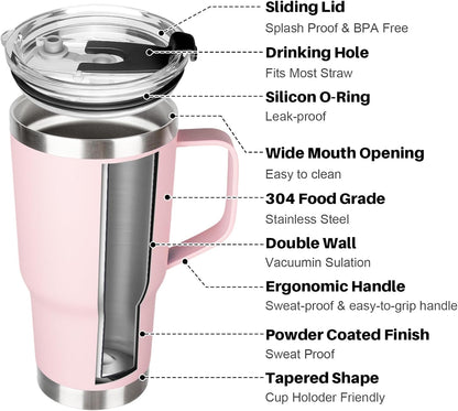 20 oz Tumbler with Handle, Stainless Steel Insulated Tumbler with Lid and Straw, Double Wall Vacuum Coffee Mug Tumbler, Insulated Coffee Thermal Cup for Cold and Hot (Light Purple)