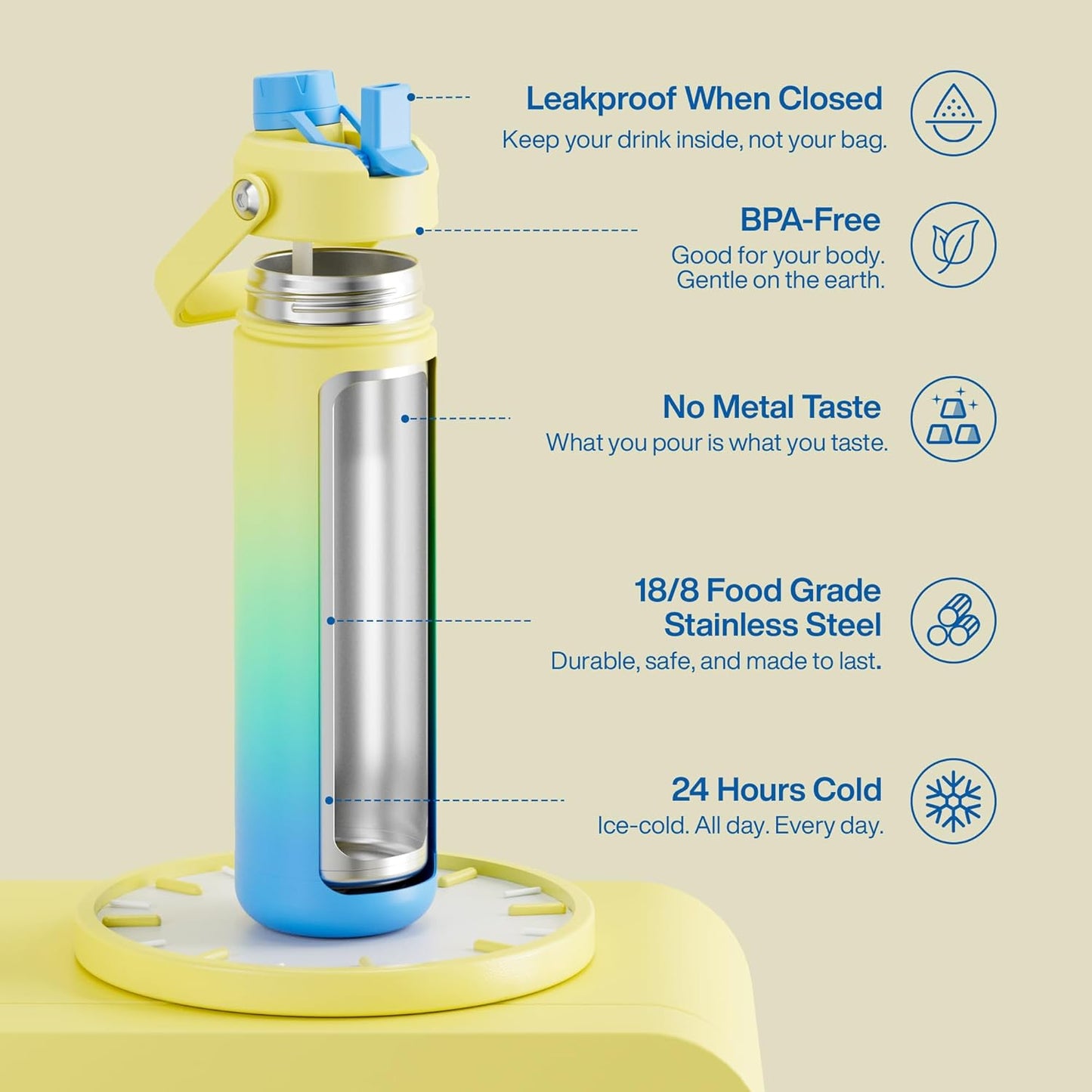 ENCOOL Insulated Water Bottle with Straw Stainless Steel Water Bottle, Leak-Proof, BPA-Free, Double Wall Vacuum Keeps Cold for 24 Hours for Sports, Travel, School (26 oz, Cotton Candy) - Colors B