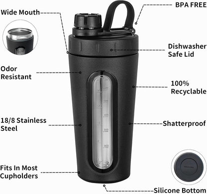 TOOFEEL Shaker Bottles for Protein Mixes 28 oz Stainless Steel Protein Shaker with 2 Mixing Ball, Not Stays Cold/Hot, Visible Window Metal Shaker Cups, Leakproof, BPA Free Bottle Shaker