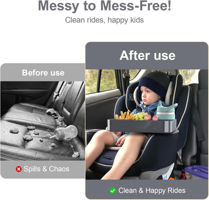 Car Seat Snack Tray for Toddlers - 3 Inch Cup Holder Fits Most Sippy Cups & Straw Bottles with Dip Well, Mess-Free Square Kids Travel Tray Road Trip Essentials, Black
