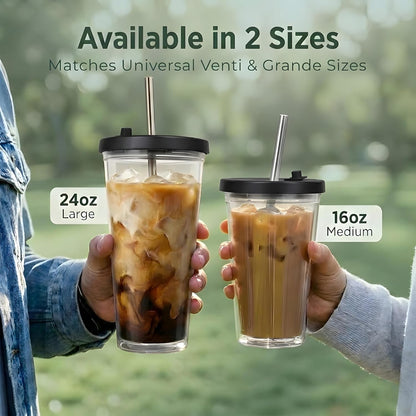 Reusable Iced Coffee Cup with Lid and Straw, 24 oz/Venti, BPA-Free Double-Wall Insulated Plastic Tumbler for Cold Drinks, Includes Clear Plastic Straw, Stainless Steel Straw and Cleaning Brush, White
