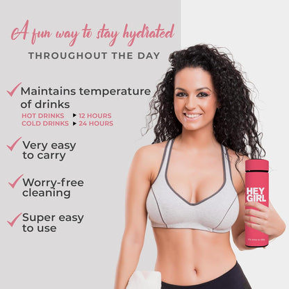 Hey Girl Tea Infuser Bottle 450ml - Insulated Stainless Steel Water Bottle - Tea Tumbler with Tea Diffuser - Portable Travel Mug for Loose Leaf Tea & Infused Water - Tea Lovers Gifts for Women (Pink)
