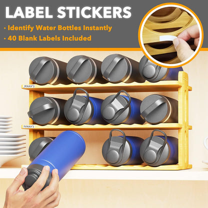 SpaceAid Bamboo Water Bottle Organizer with Labels, Kitchen Pantry Water Bottle Storage Rack for Cabinets, Home Cup and Wine Bottle Holder Shelf Organizers, (3-Tier, Hold 9 Bottles)